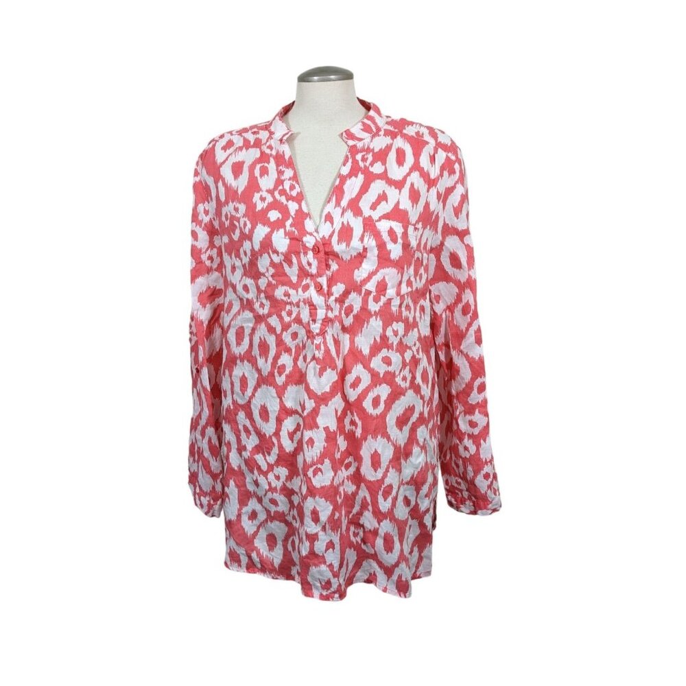 Allison Taylor Coral and White Abstract Print Button-Down Blouse. 100% linen
